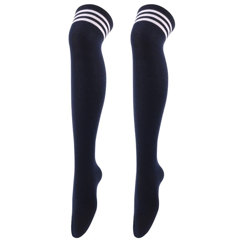Navy blue women's high socks with white stripes