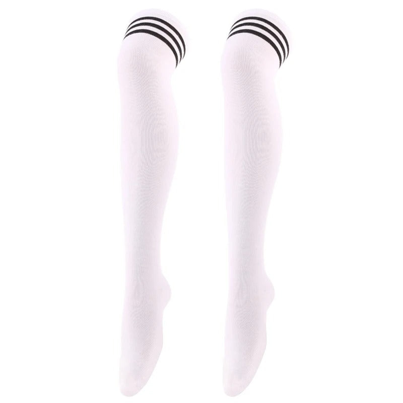 Women's high white socks with black stripes
