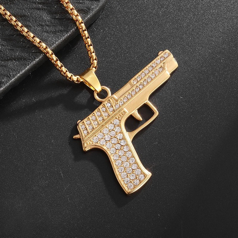 Collier hip hop avec pendentif glock doré