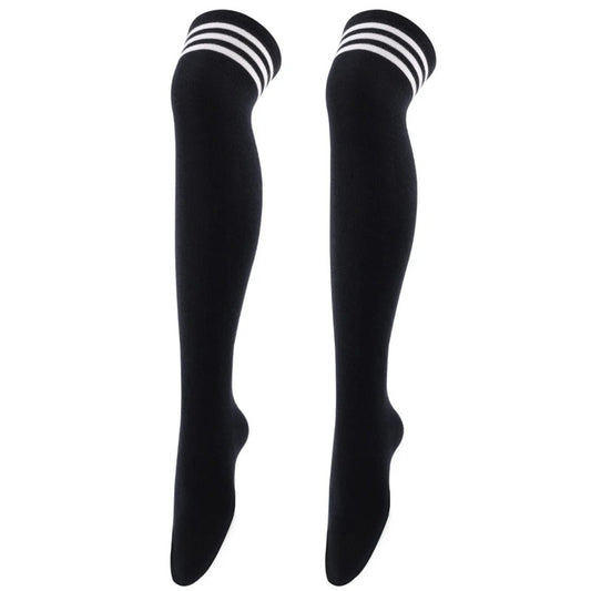 Chaussettes hautes femme noir avec bandes blanches